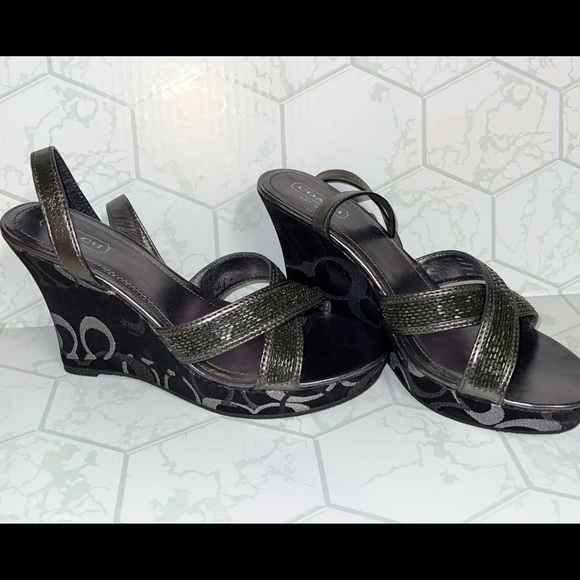 COACH💥PLATFORM BLACK/SILVER WEDGES SANDALS💥 - Picture 2 of 6